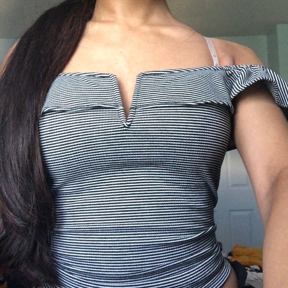 Striped off the shoulder frill top